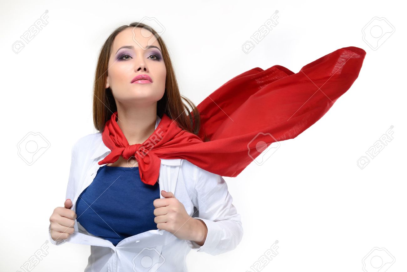 Superwoman. Mujer Bonita Joven Abriendo Su Camisa Como Un Mujer Bonita Joven Abriendo Su Camisa Como Un Superhéroe