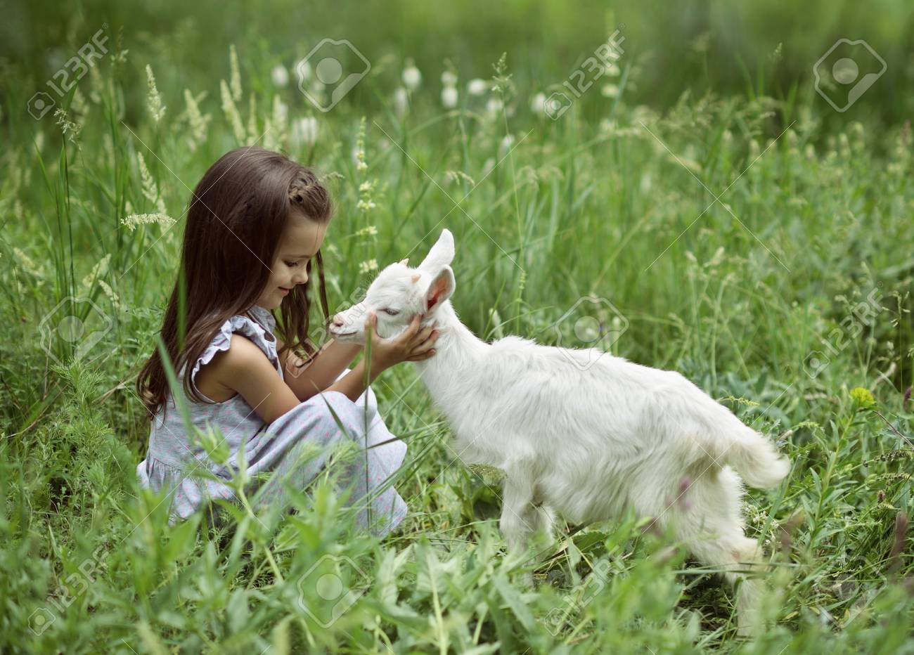 Petite Fille Joue Et Huhs Chevre Dans La Nature Pays Printemps Ou Ete En Plein Air Enfant Mignon Avec Bebe Animal Portrait En Plein Air De Campagne Foret Trod Fond De Clairiere