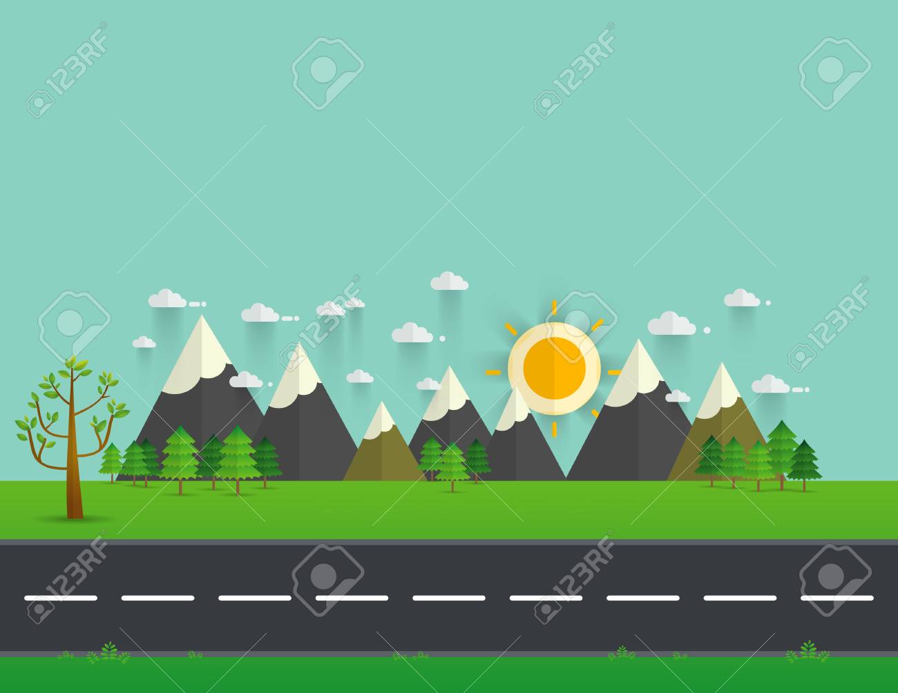 緑の谷 山や丘 雲空に太陽の道 ばねまたは夏の自然のフラット スタイルのイラスト 風景の背景ベクトル図 のイラスト素材 ベクタ Image