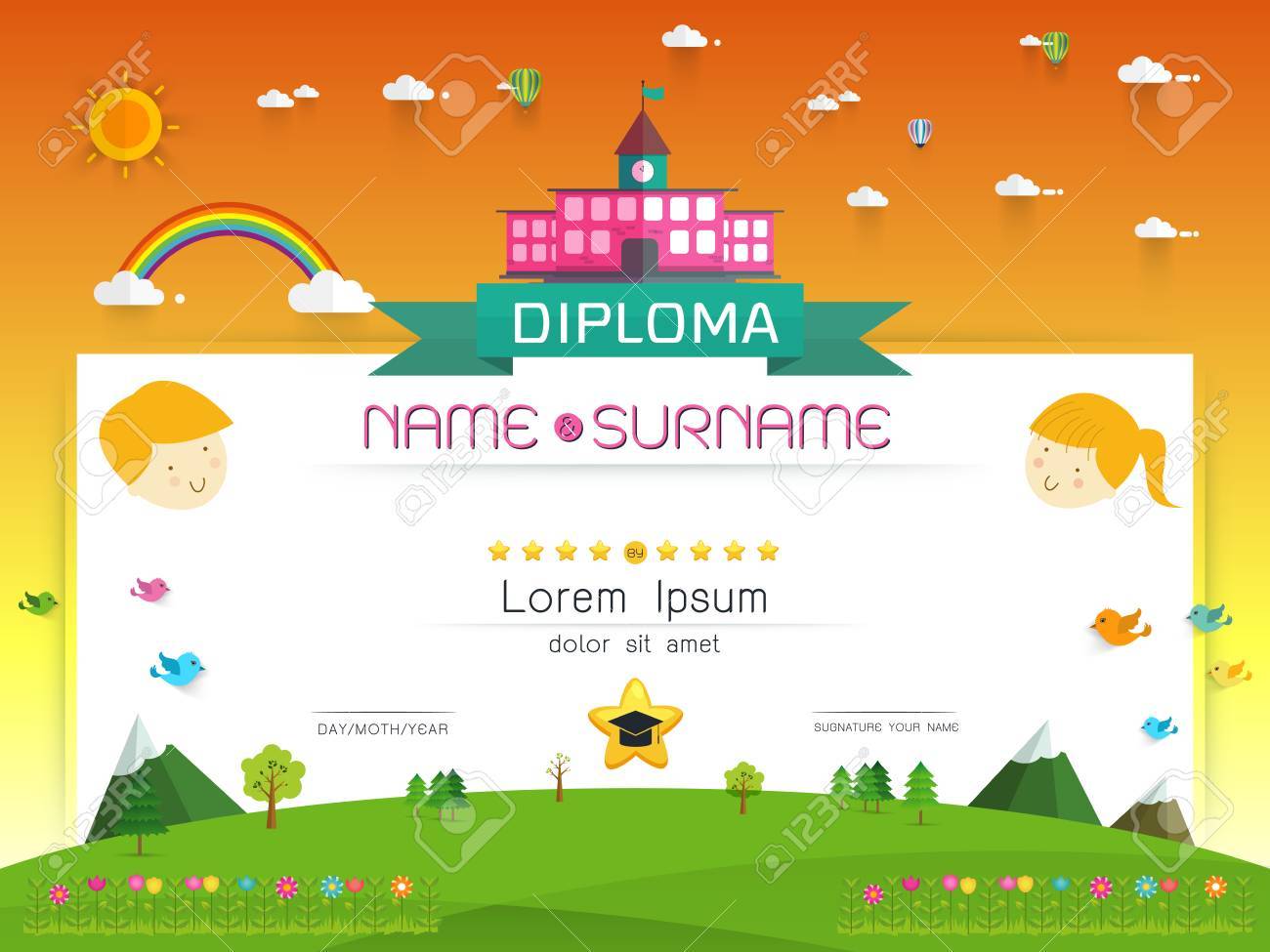 certificate kids diploma kindergarten template layout background frame design illustration preschool elementary school kids