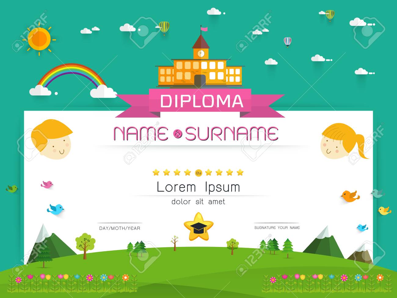 証明書の子供の卒業証書 幼稚園テンプレート レイアウト背景フレーム設計図 小学校就学前の子供の卒業証明書背景デザイン テンプレートのイラスト素材 ベクタ Image