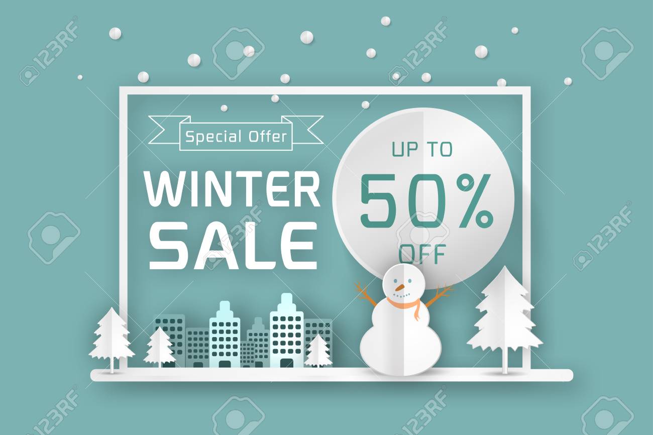 vector winter sale poster template smiling snow man in scarf