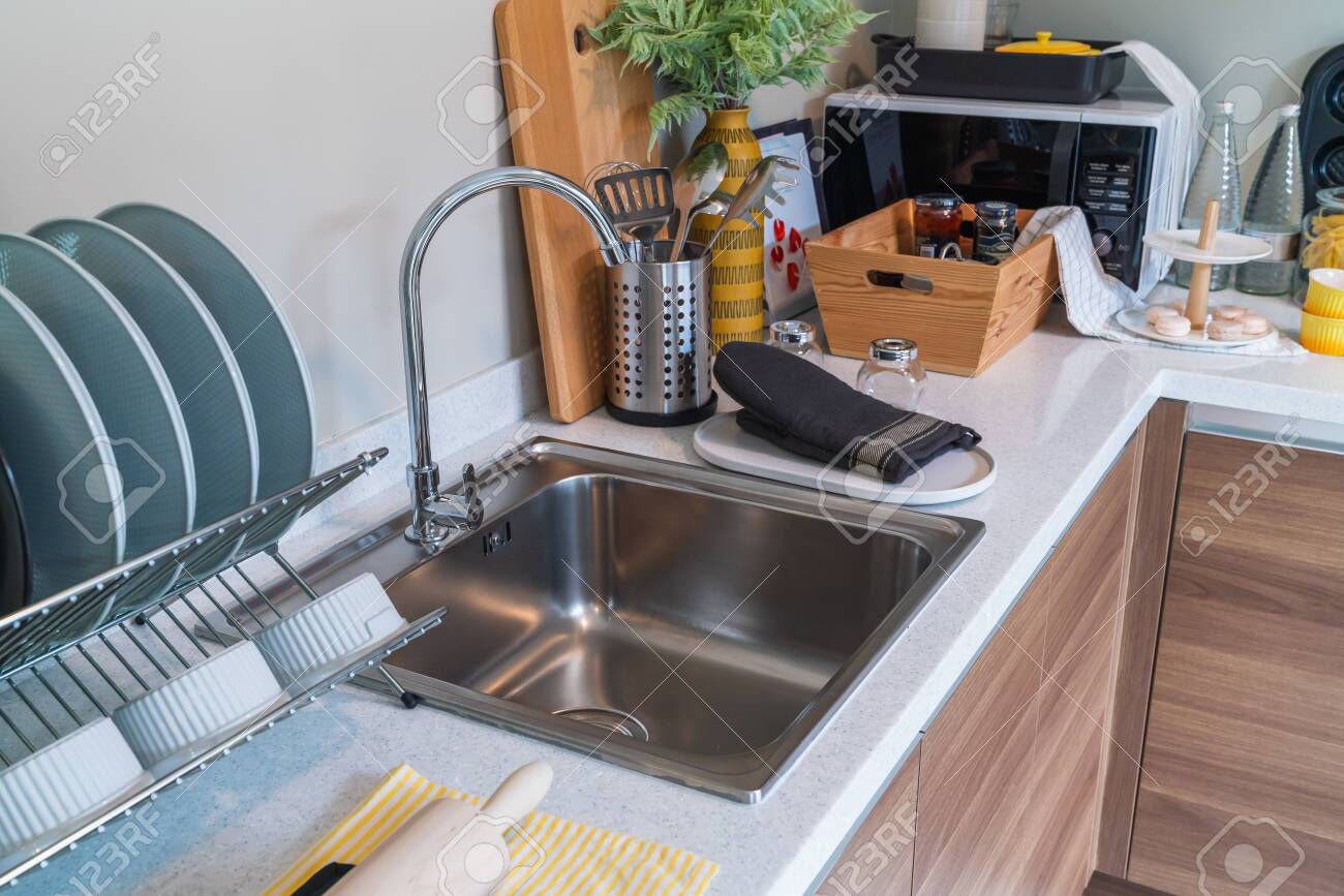 Modern Sink In Modern Kitchen Room On Top Counter Interior Design Stock Photo Picture And Royalty Free Image Image 133615331