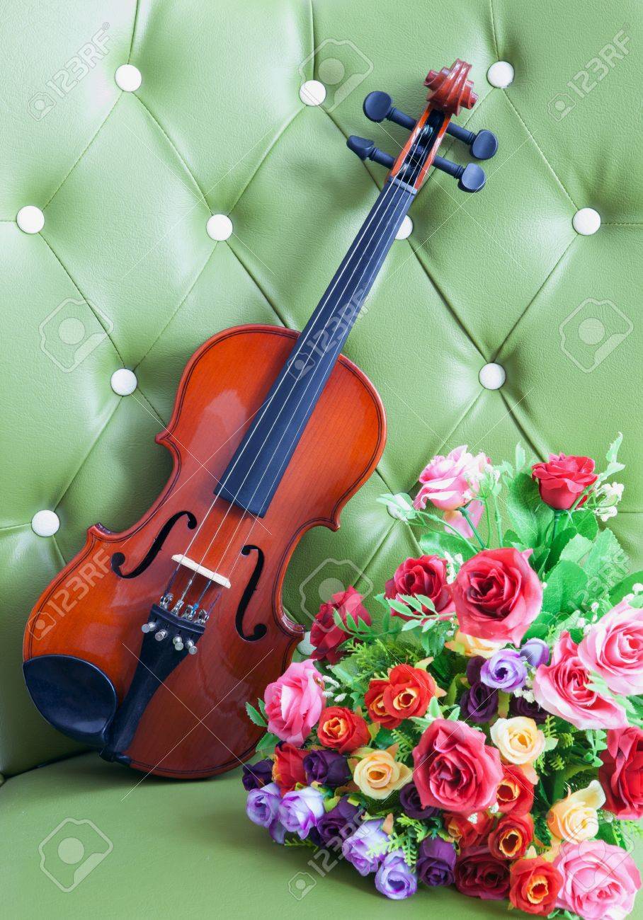 緑の高級レザー ヴァイオリンと花束の花 の写真素材 画像素材 Image