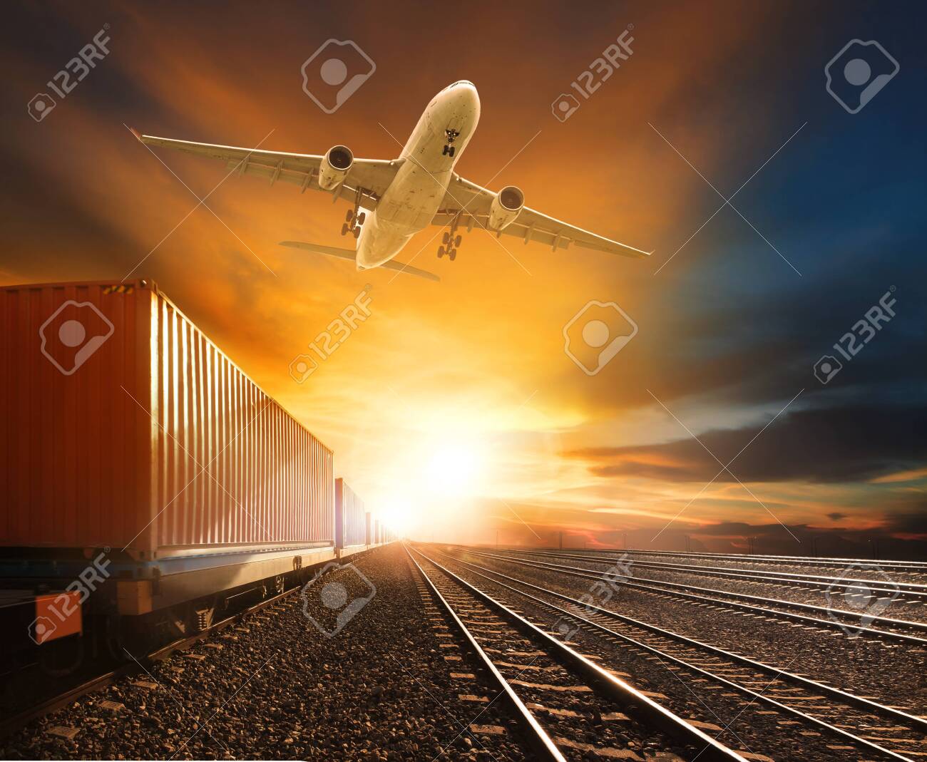 logistic trains and cargo plane flying against beautiful sky background - 151423923 logistic trains and cargo plane flying against beautiful sky background - 151423923