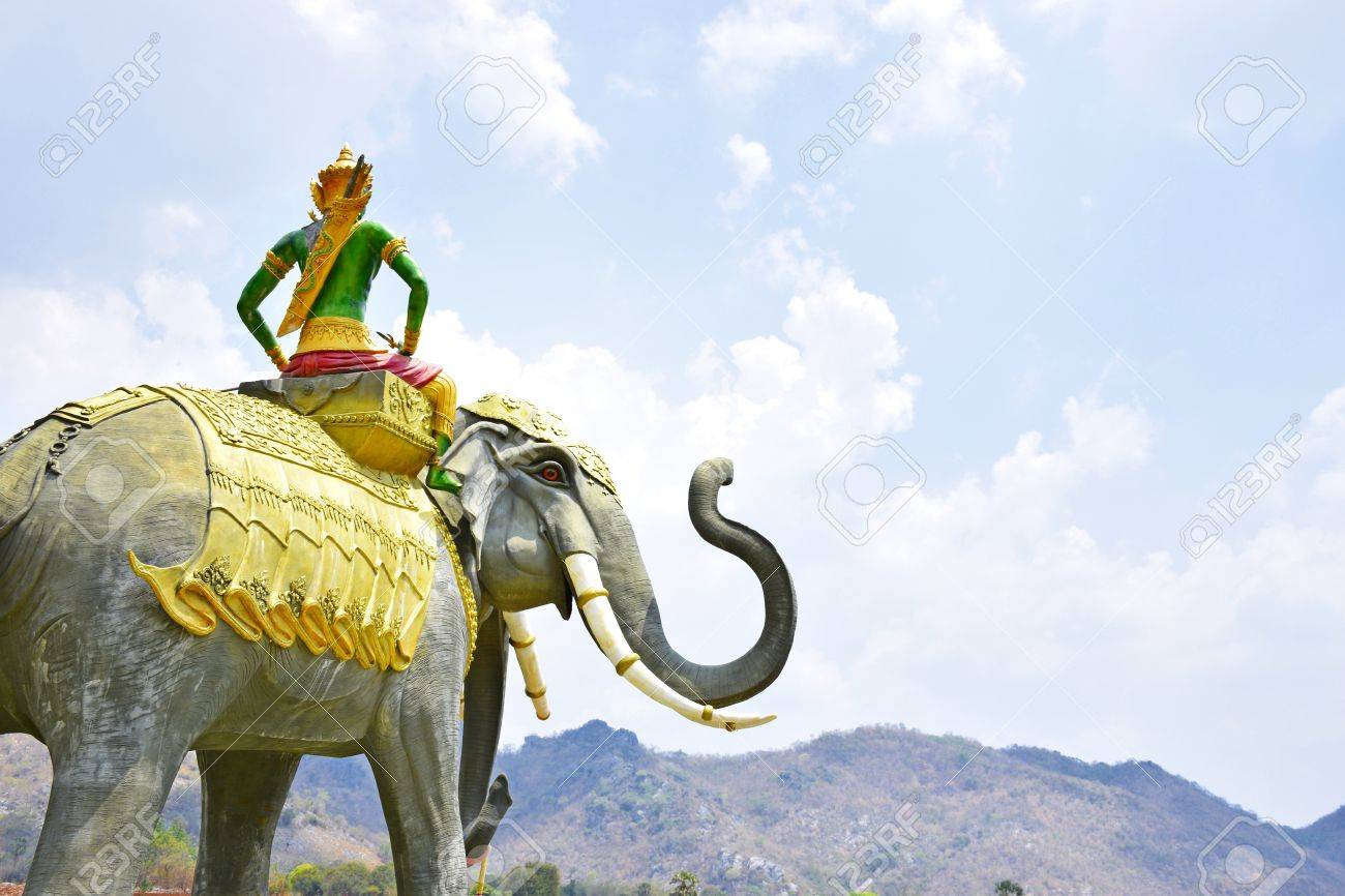 the religion statue with indra on erawan elephant stock photo