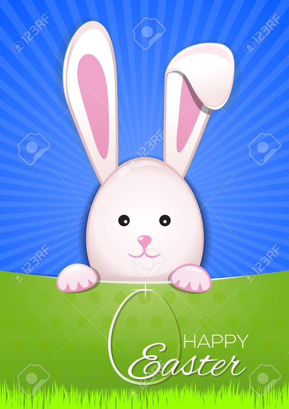Cute Easter Bunny On Sky Blue Background Egg Hunter Easter Royalty Free Cliparts Vectors And Stock Illustration Image