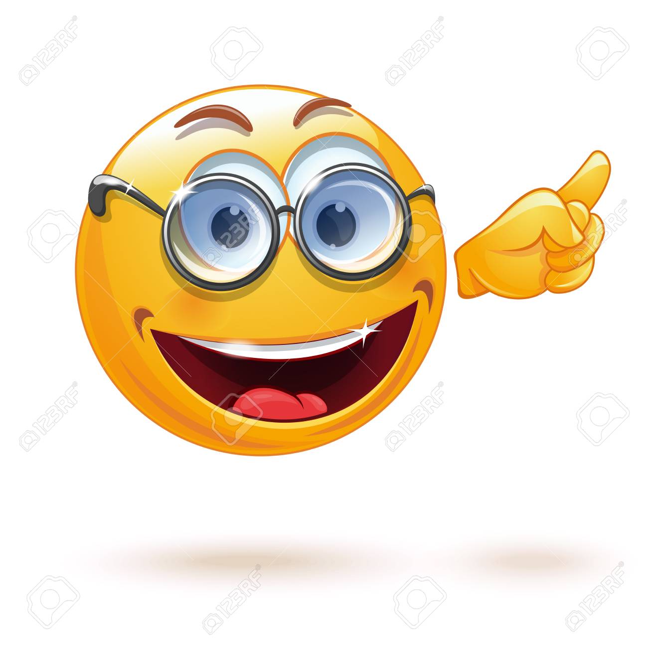 Smiley Inteligente Con Gafas. La Cara Del Emoticón Apunta Con Su Dedo.  Profesor De Emoji. Gesto Indicativo. Lindo Emoticon Sonriente Con Anteojos.  Ilustración Vectorial Ilustraciones Vectoriales, Clip Art Vectorizado Libre  De Derechos.