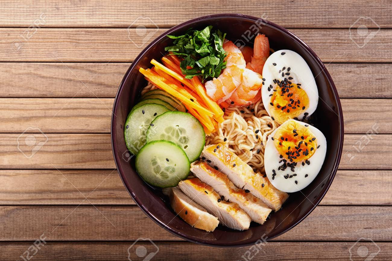 Bowl Of Japanise Ramen Noodle With Chicken Top View Stock Photo Picture And Royalty Free Image Image