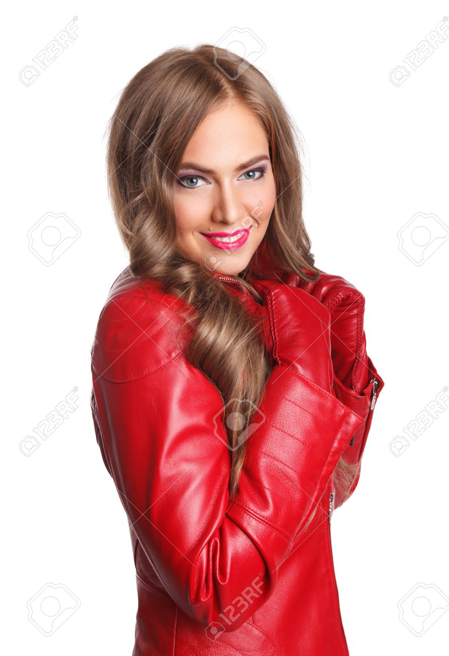 female red leather jacket