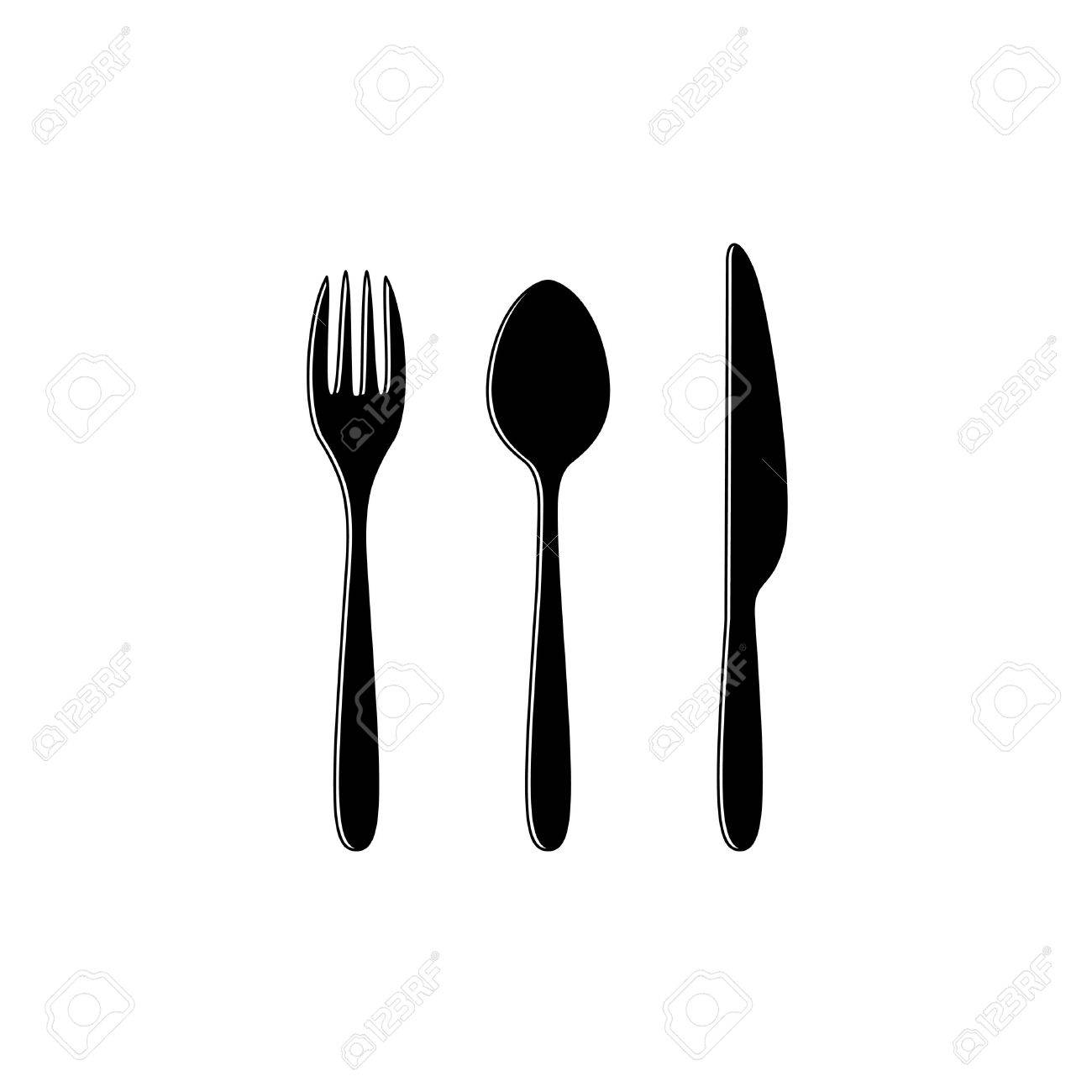 Fourchette, cuillère et couteau silhouette noire ensemble. symboles Menu de décoration. Fourchette, cuillère et couteau silhouette noire ensemble. symboles Menu de décoration.