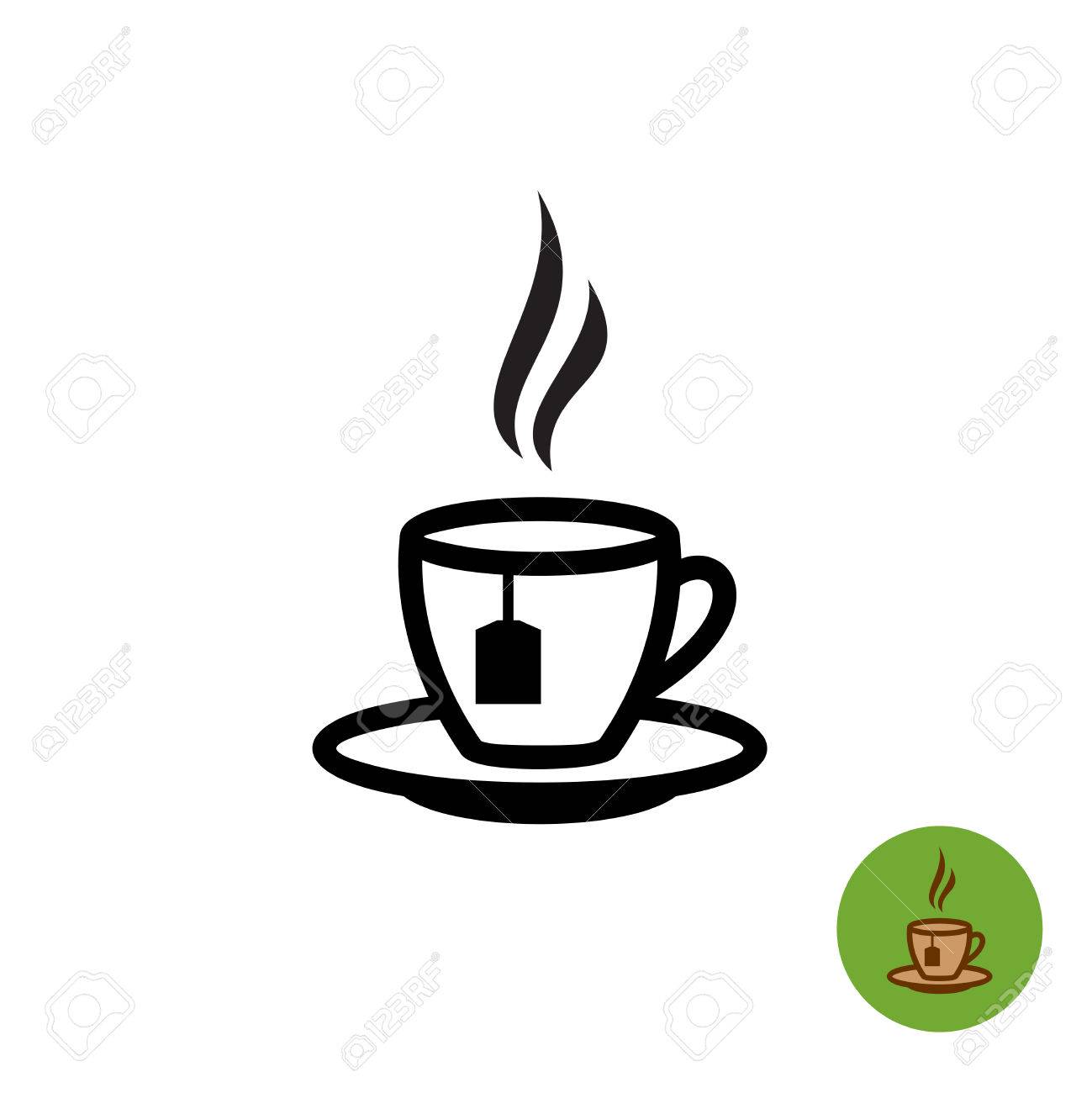 tea cup black outline silhouette with teabag and fume icon royalty