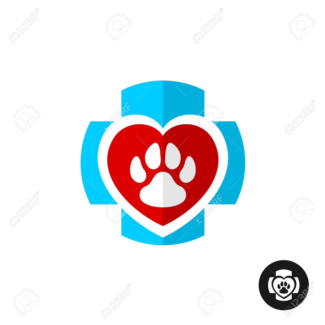 pet paw love symbol with medical cross vet clinic logo home