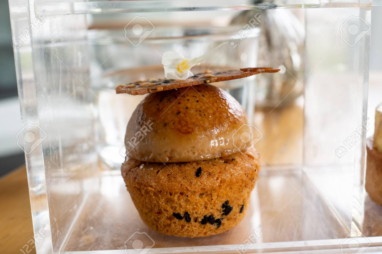 Small Cake With Hojicha Brulee Black Sesame Sable Breton And Sesame Nougatine Stock Photo Picture And Royalty Free Image Image