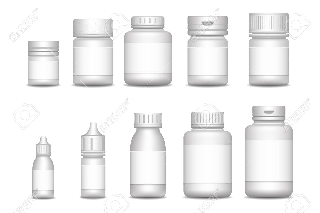 Empty pill containers. Medical Sprays. 3d blank template medical packaging for pill and liquid medication - 146568295 Empty pill containers. Medical Sprays. 3d blank template medical packaging for pill and liquid medication - 146568295
