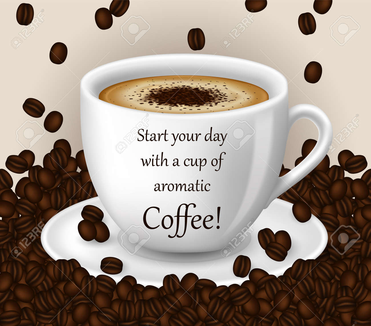 Buenos Dias. Taza Blanca Con Café Caliente Fragante Rodeado De Granos De  Café. Bebida Orgánica. Ilustración Vectorial EPS10 Ilustraciones svg,  vectoriales, clip art vectorizado libre de derechos. Image 178717895