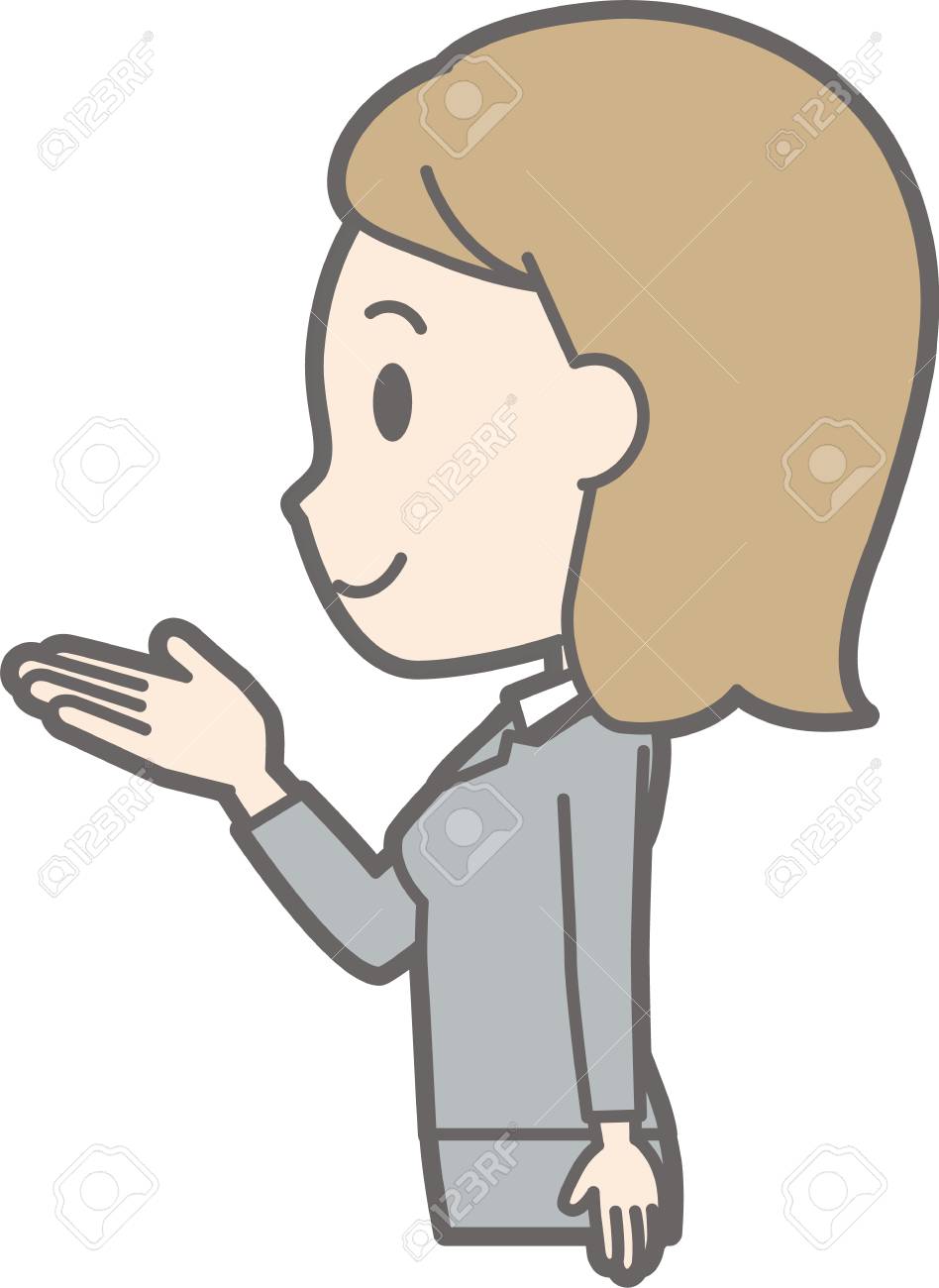 若い女性のスーツを着て横に案内図を表示 のイラスト素材 ベクタ Image