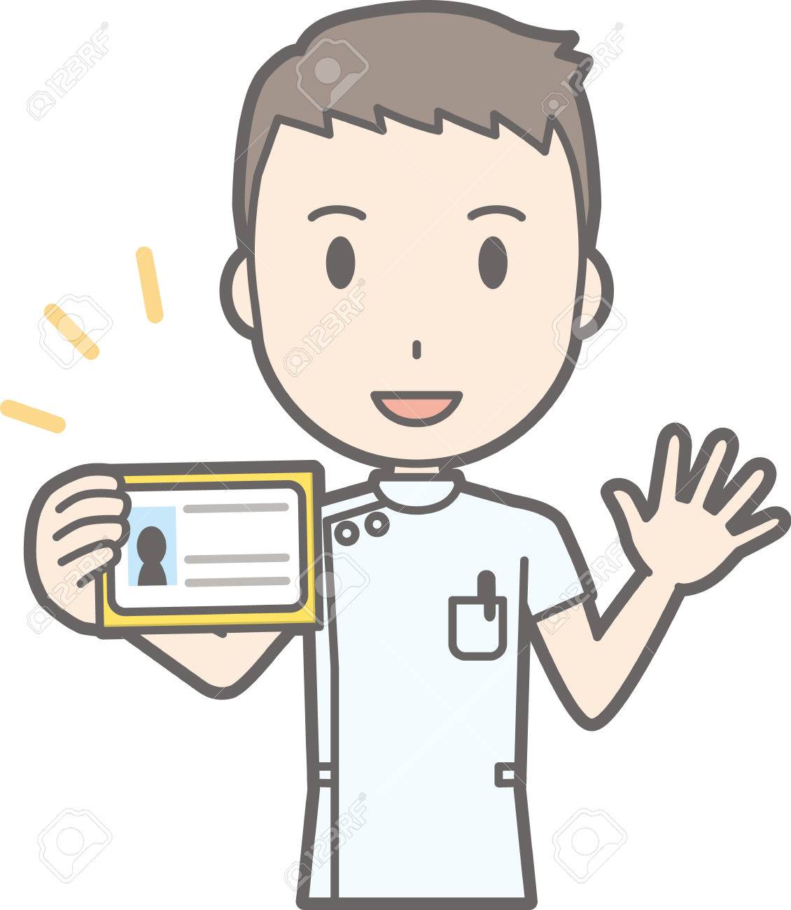 身分証明書付きの白いスーツを着た男性看護婦のイラストのイラスト素材 ベクタ Image