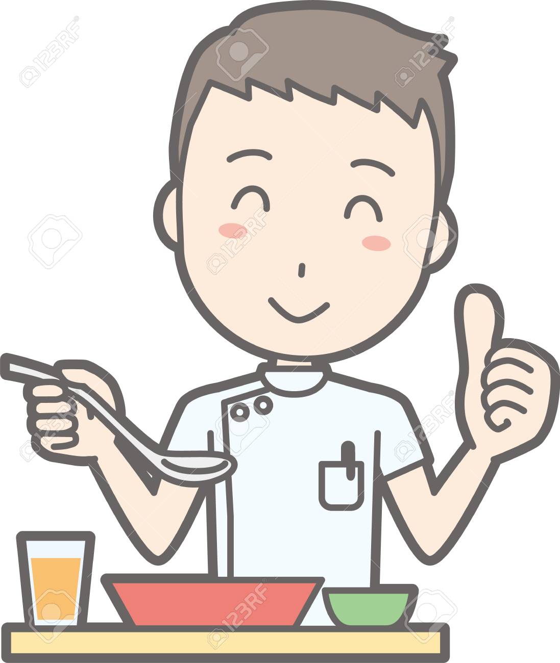 白いコートを着て食事を食べる男性看護婦のイラストのイラスト素材 ベクタ Image