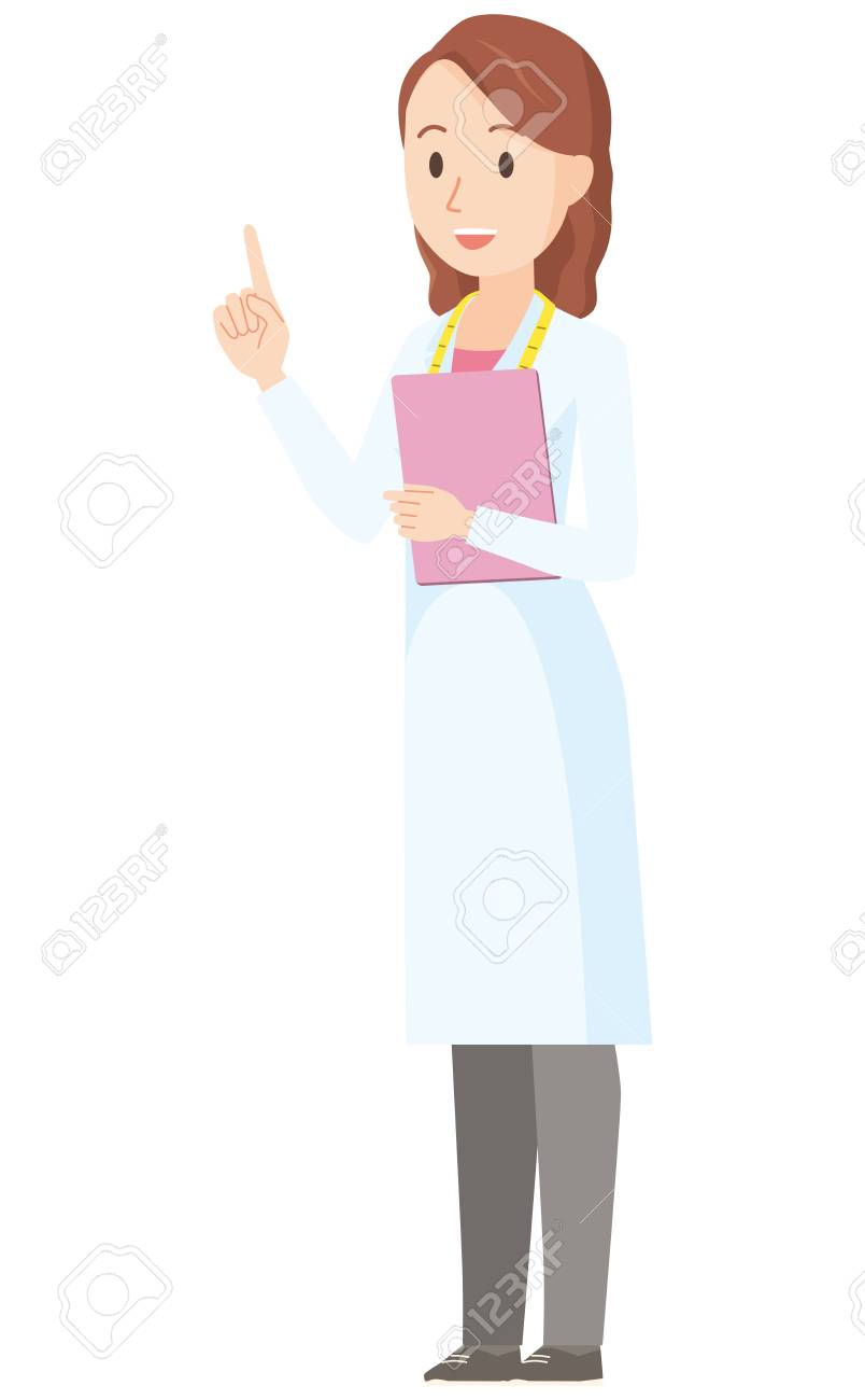 Illustration of a female nutritionist pointing at an angle towards a finger - whole body - 87713983 Illustration of a female nutritionist pointing at an angle towards a finger - whole body - 87713983