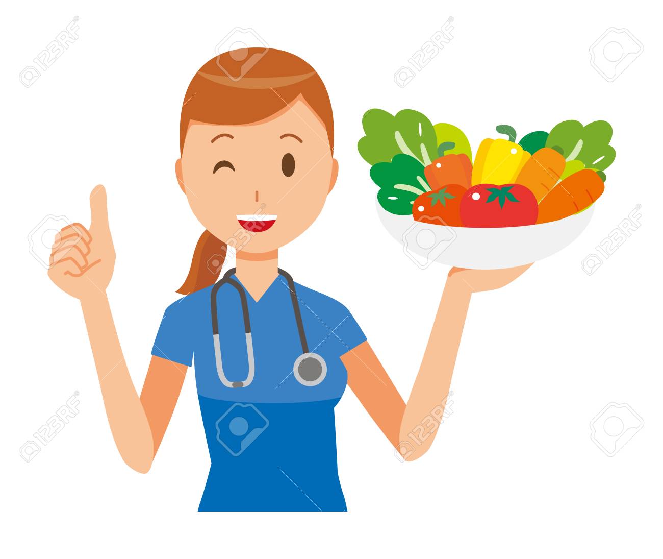 A Woman Nurse Wearing A Blue Scrub Holding Vegetables. Royalty Free SVG,  Cliparts, Vectors, and Stock Illustration. Image 91170942., image size:1300x1095
