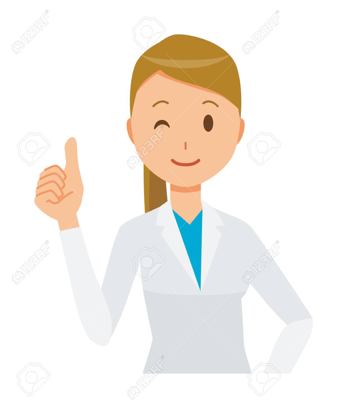 A woman doctor wearing a white suit is doing a good sign - 91006098 A woman doctor wearing a white suit is doing a good sign - 91006098