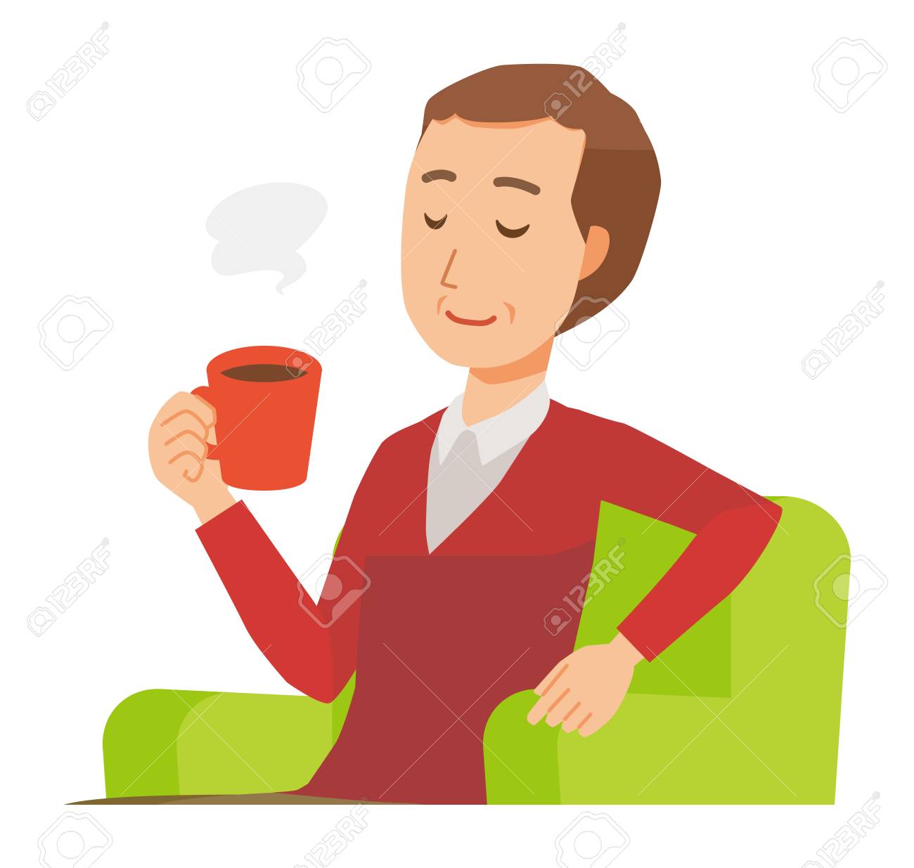 セーターを着た男が座ってコーヒーを飲んでいるのイラスト素材 ベクタ Image