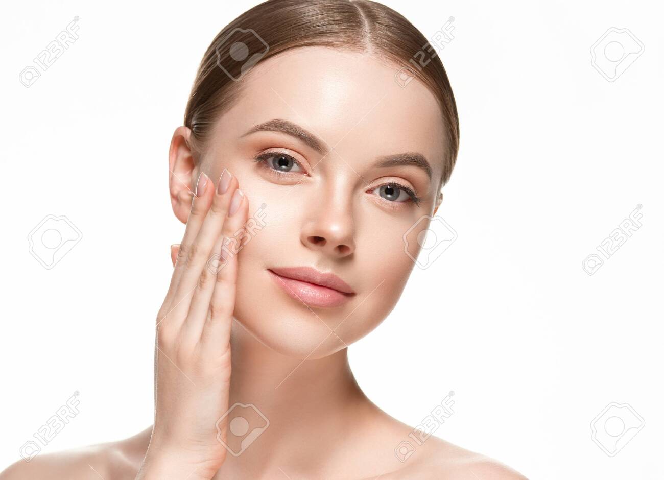 Beautiful woman female skin care healthy hair and skin close up face beauty portrait. Studio shot. - 143585848 Beautiful woman female skin care healthy hair and skin close up face beauty portrait. Studio shot. - 143585848