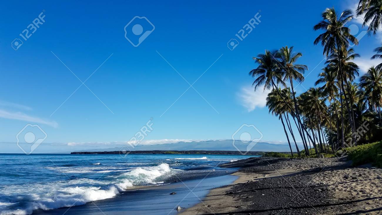 Strand Mit Schwarzem Lavasand Und Palmen Auf Der Grossen Insel Von