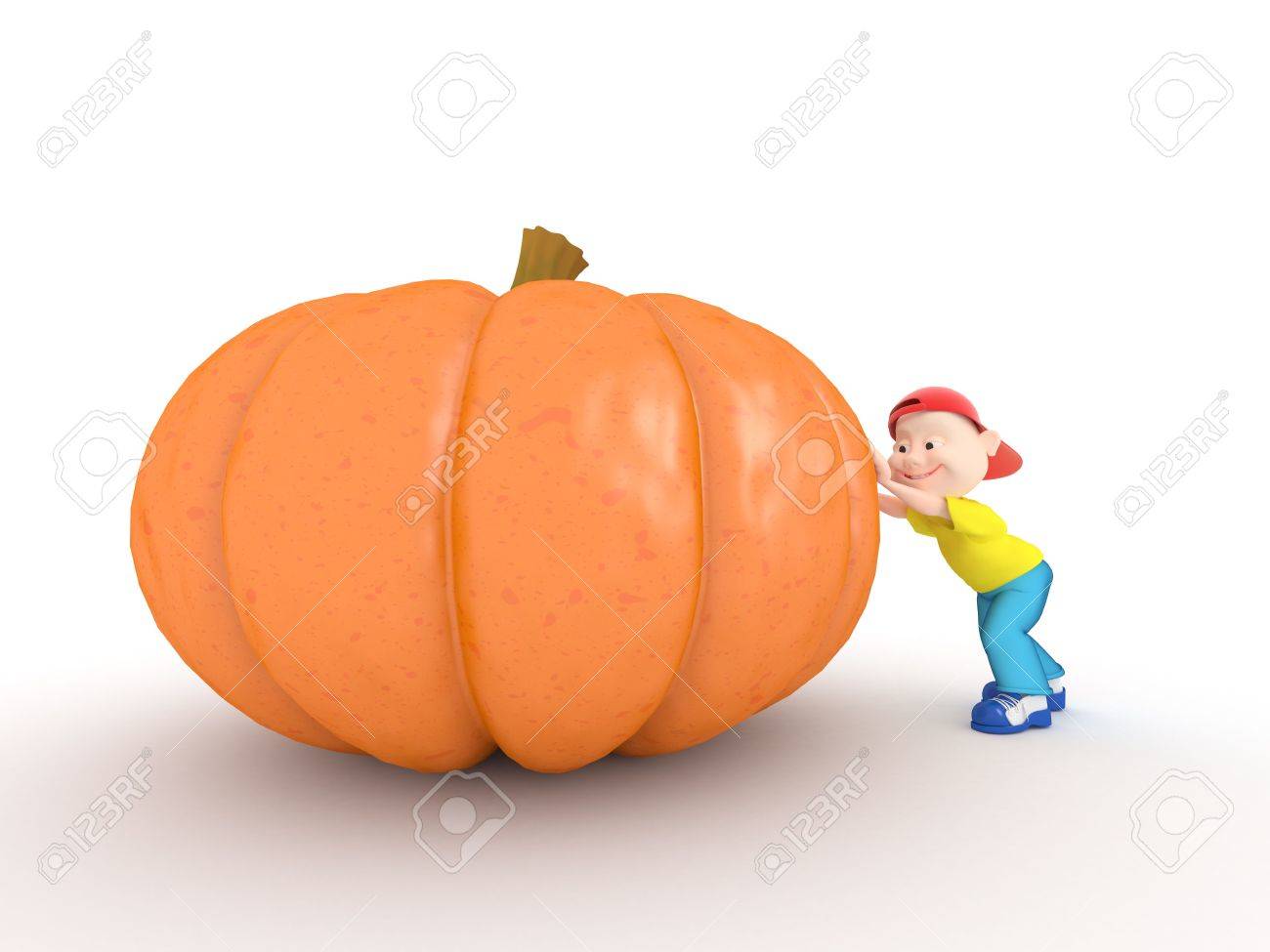 funny boy push halloween pumpkin on white background stock photo