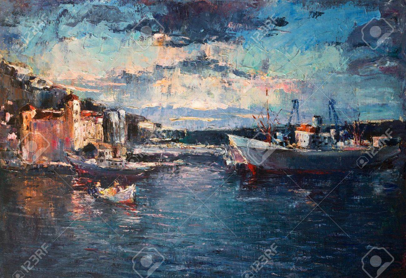 港を出入りする船で港に色鮮やかな夕焼けのキャンバスに油彩画。の写真