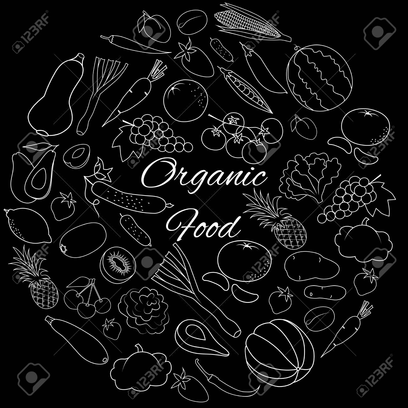 黒のベクトル アウトラインを白の果物 野菜 果実を丸手書きのイラスト素材 ベクタ Image