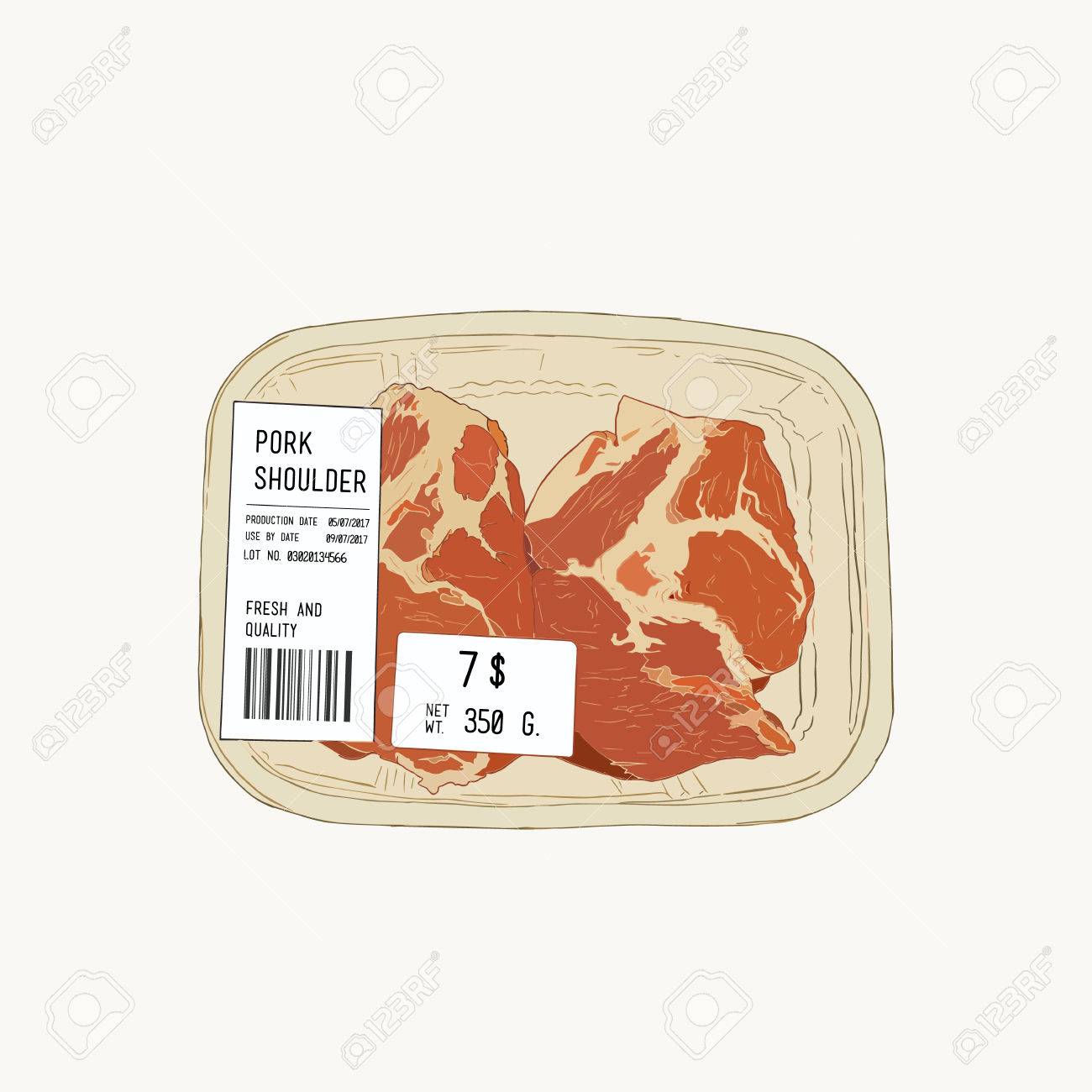 スーパー マーケット肉帯手描きスケッチ ベクトル パックの生豚肩 のイラスト素材 ベクタ Image