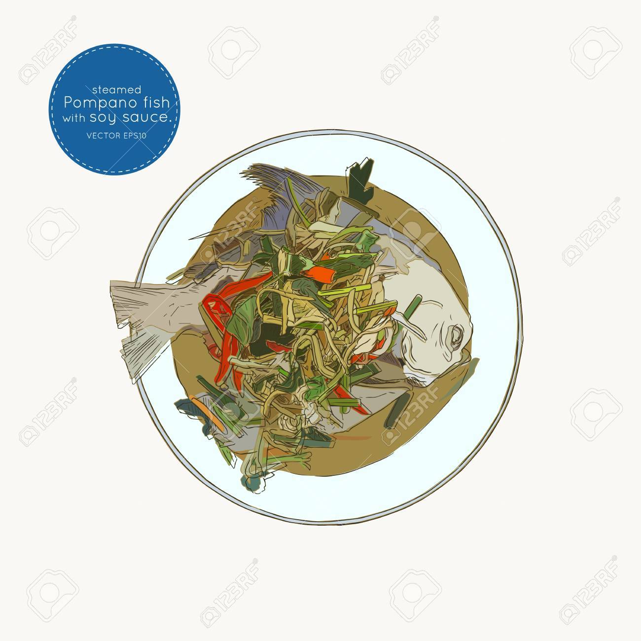 煮魚醤油のポンパノはジンジャー ハーブです タイ料理スケッチ ベクトル のイラスト素材 ベクタ Image