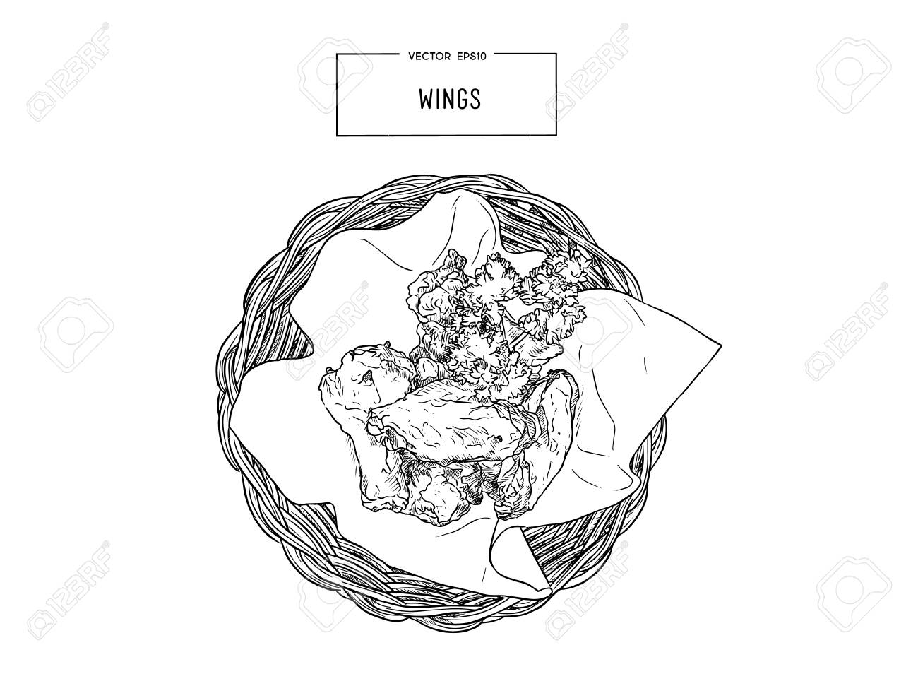 手描きスケッチ バッファローチキンウイングします 黒と白のベクトル ビンテージ イラスト 白い背景の上の孤立したオブジェクト メニューのデザイン の イラスト素材 ベクタ Image 0043