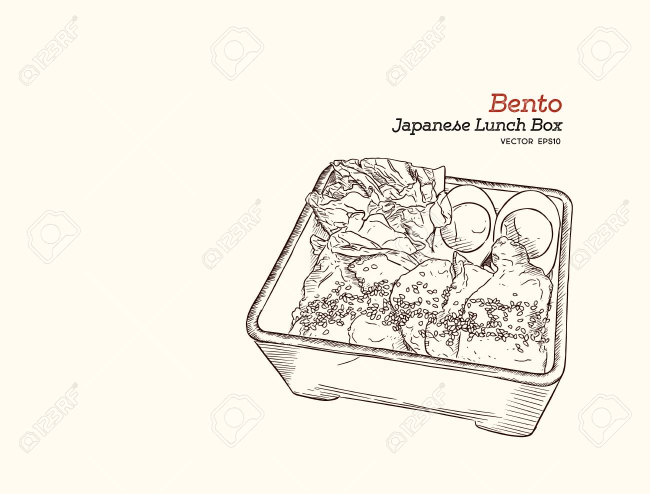 Bento Japanese Lunch Box Pork Teriyaki With Boiled Egg And Salad Hand Draw Bento Japanese Lunch Box Pork Teriyaki With Boiled Egg And Salad Hand Draw