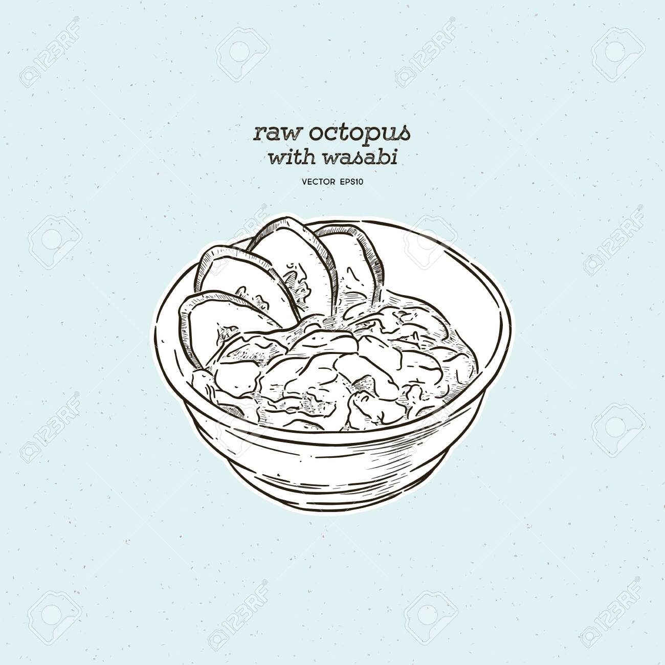 Tako Wasabi - raw octopus, heavily flavored with Japanese horseradish (wasabi). Hand draw sketch vector. - 150756153 Tako Wasabi - raw octopus, heavily flavored with Japanese horseradish (wasabi). Hand draw sketch vector. - 150756153