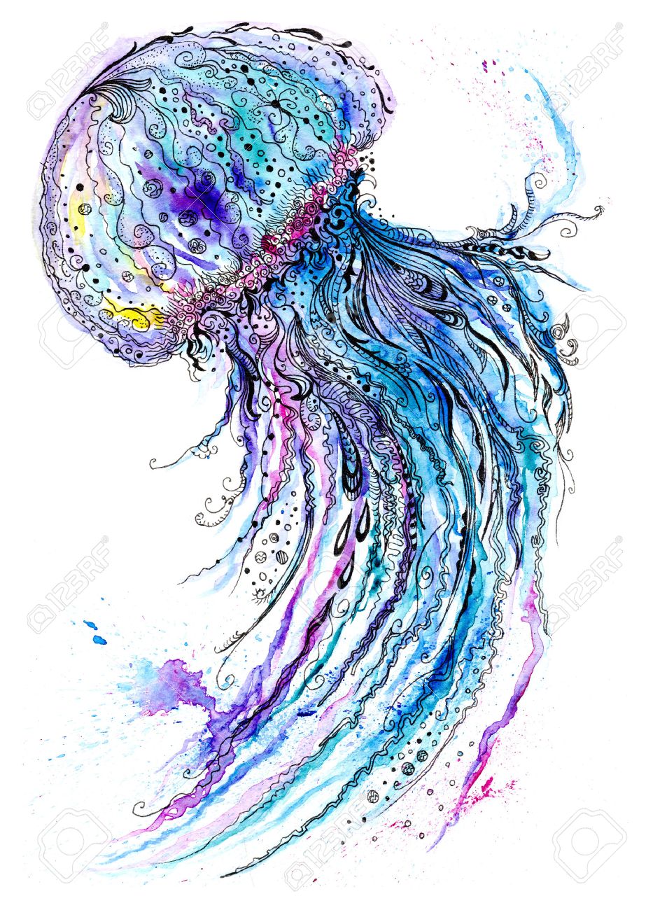 青いクラゲと創造的な海の生活アート イラストの写真素材・画像 青いクラゲと創造的な海の生活アート イラストの写真素材・画像