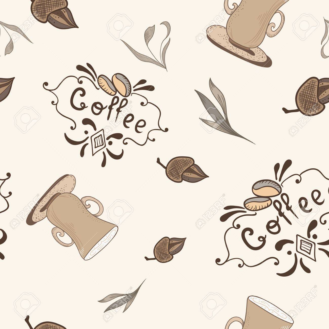 コーヒー レタリング 豆 カフェ メニューの壁紙 ファブリックのデザインのカップとベージュと茶色の柔らかい風合い のイラスト素材 ベクタ Image