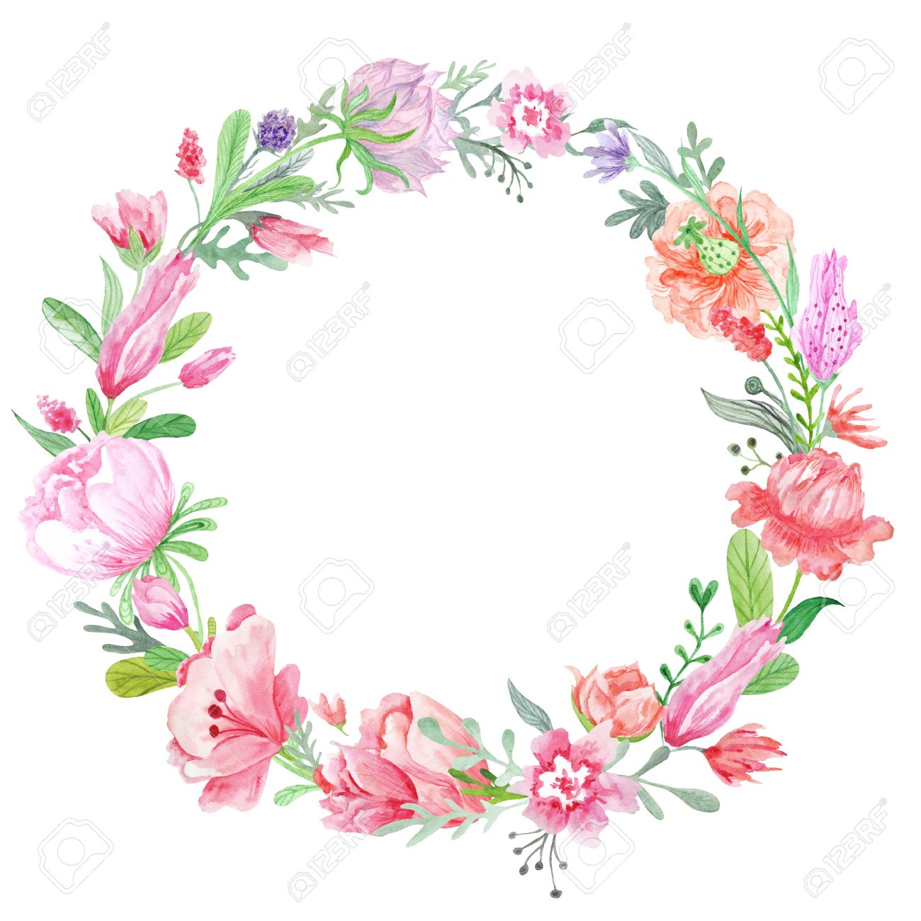 spring creative round frame with wild red pink and purple flowers