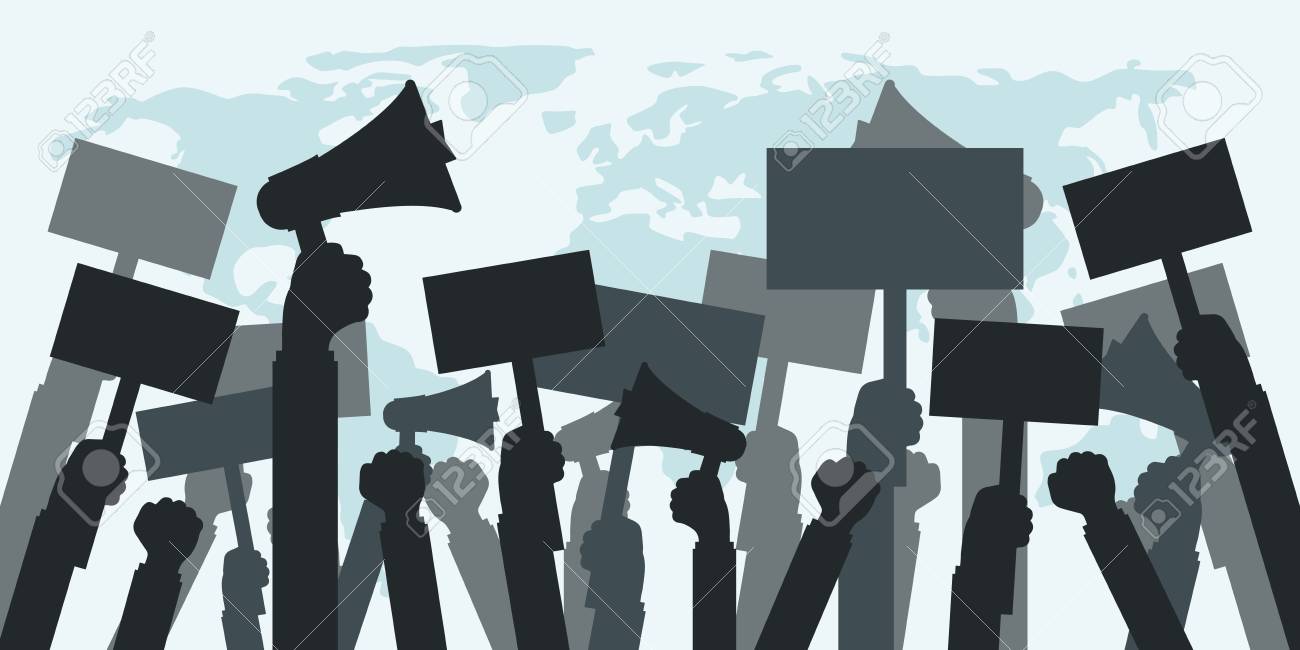 抗議 革命や競合の概念 人抗議者の群衆はシルエット フラットのベクター イラストです のイラスト素材 ベクタ Image