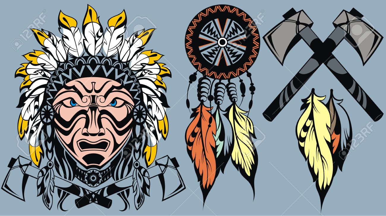 勇敢なアメリカ インディアンの戦士とのヘッドをマスコット タトゥーのデザイン要素 のイラスト素材 ベクタ Image