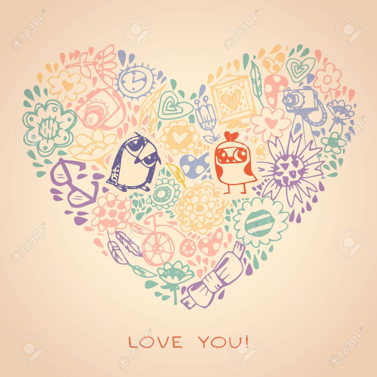 multicoloured heart and owl template for greeting card and sample owl template