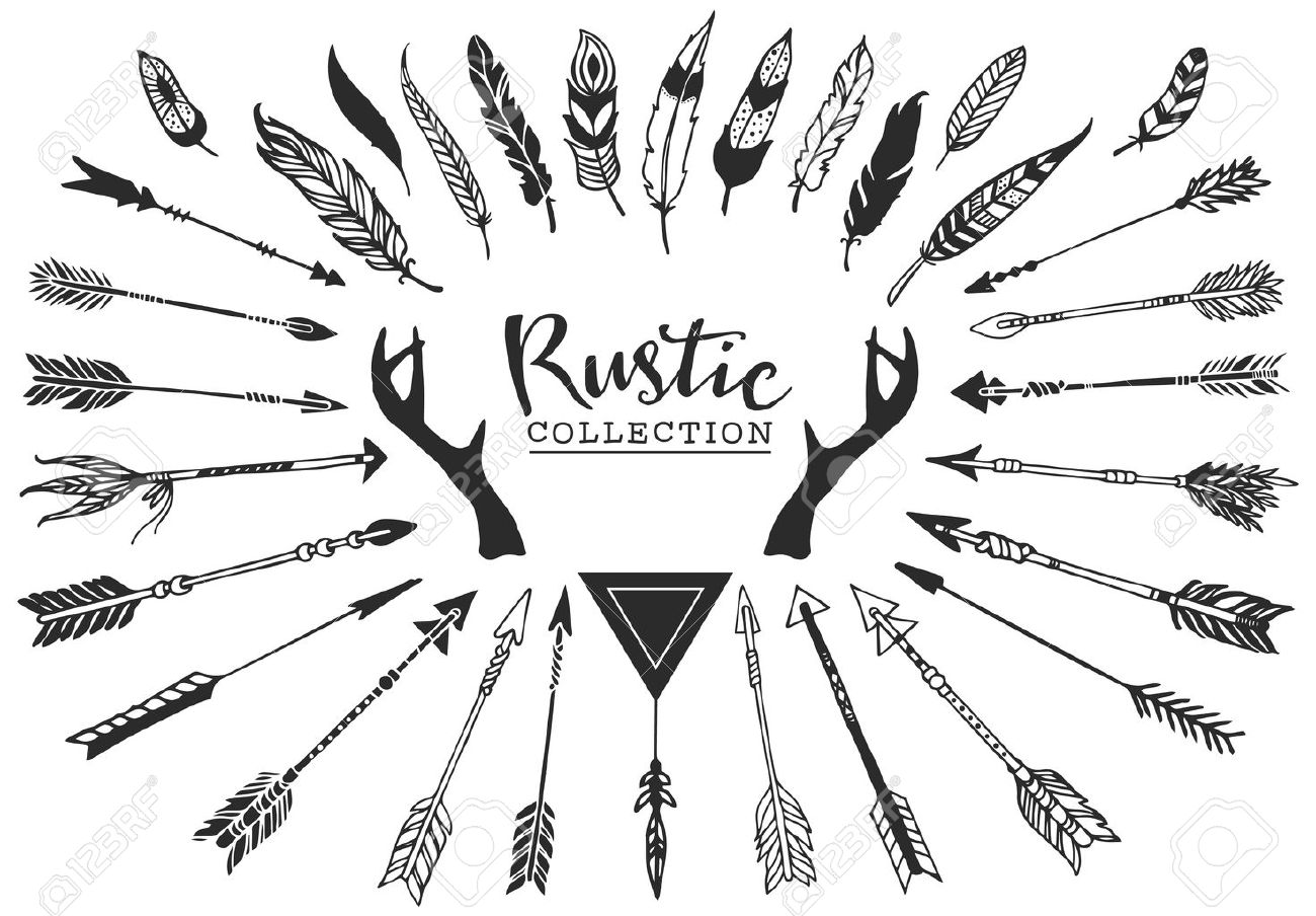 rustic decorative antlers arrows and feathers hand drawn vintage