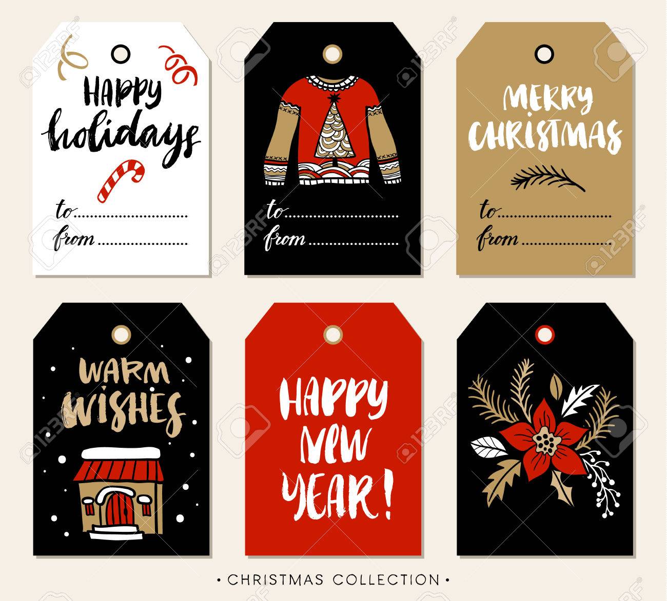 Christmas Gift Tag With Calligraphy. Handwritten Modern Brush Lettering:  Merry Christmas, Happy Holidays, Warm Wishes, New Year. Hand Drawn Design  Elements. Royalty Free Svg, Cliparts, Vectors, And Stock Illustration.  Image 47968930.
