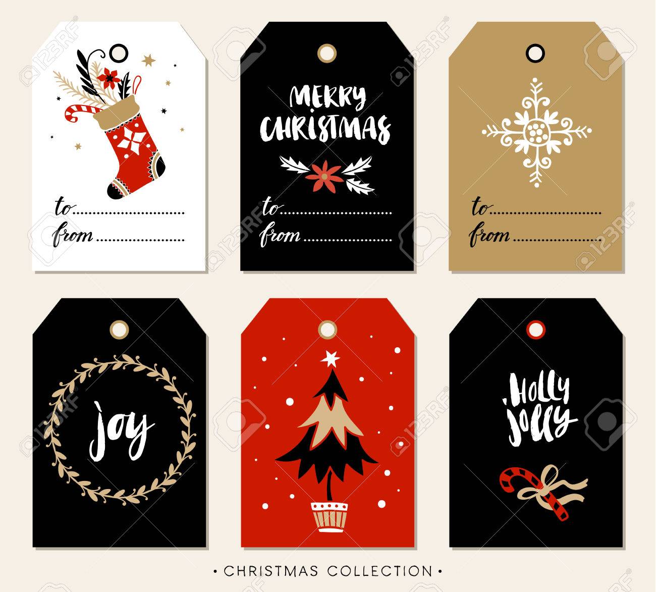 クリスマス ギフト タグ書道 モダンな筆文字を手書き メリー クリスマス 喜び ホリーのジョリー 手描きデザイン要素です のイラスト素材 ベクタ Image