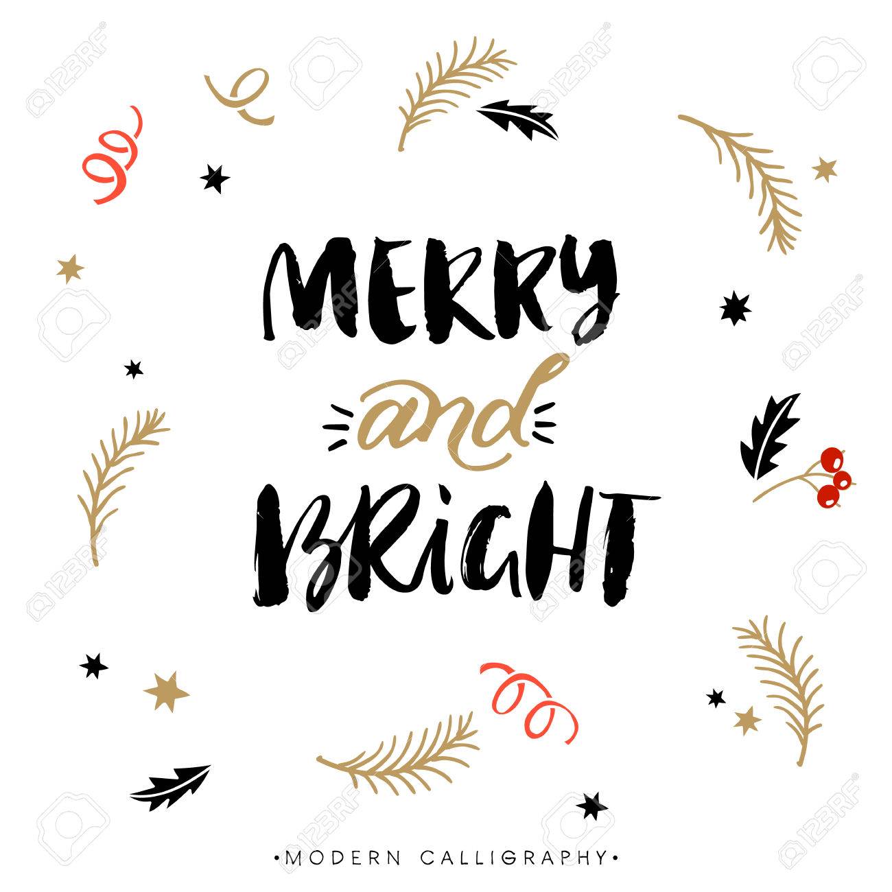 Merry and Bright. Christmas calligraphy. Handwritten modern brush lettering. Hand drawn design elements. - 47968957 Merry and Bright. Christmas calligraphy. Handwritten modern brush lettering. Hand drawn design elements. - 47968957