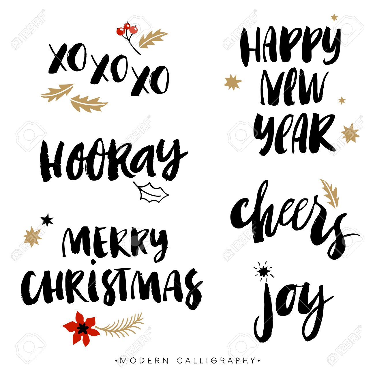 Christmas calligraphy phrases. XOXO. Happy New Year. Merry Christmas. Hooray. Cheers. Joy. Handwritten modern brush lettering. Hand drawn design elements. - 47968960 Christmas calligraphy phrases. XOXO. Happy New Year. Merry Christmas. Hooray. Cheers. Joy. Handwritten modern brush lettering. Hand drawn design elements. - 47968960