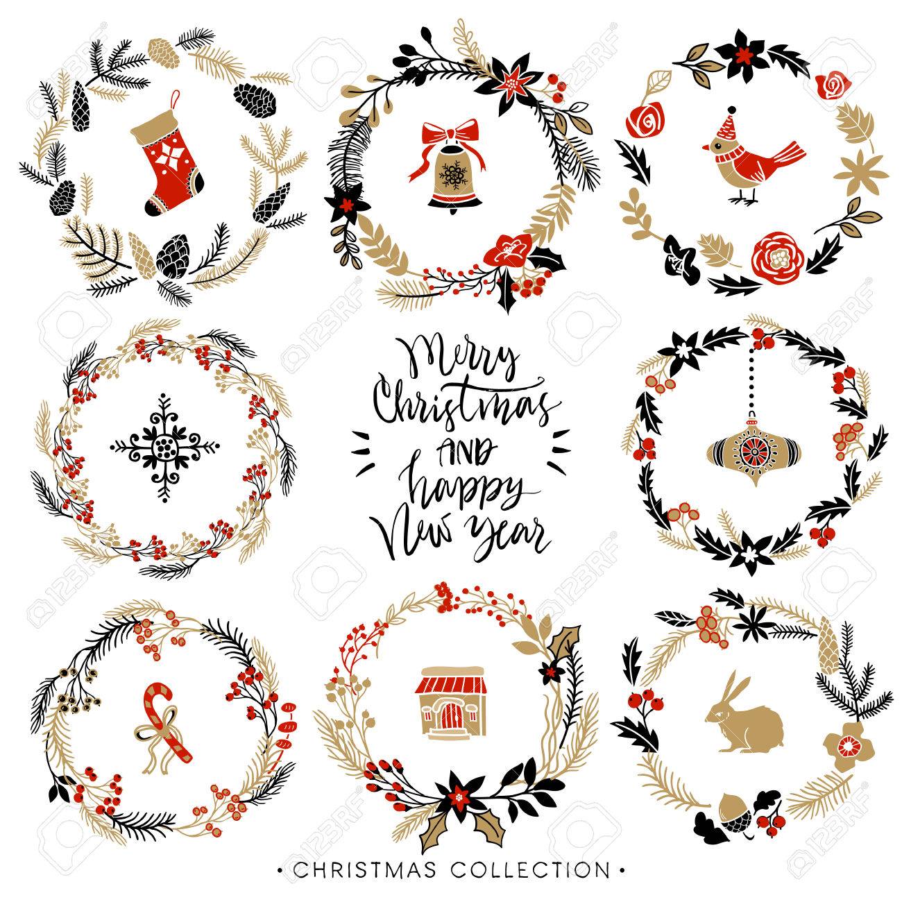 Christmas greeting wreaths with calligraphy. Hand drawn design elements. Handwritten modern brush lettering. - 49204284 Christmas greeting wreaths with calligraphy. Hand drawn design elements. Handwritten modern brush lettering. - 49204284