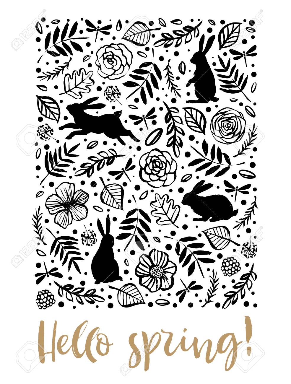 こんにちは春 花の模様でウサギのランニング 座り 立っているシルエット 書道カード 手描きのデザイン要素 手書きのモダンなブラシレタリング ベクターの図 のイラスト素材 ベクタ Image
